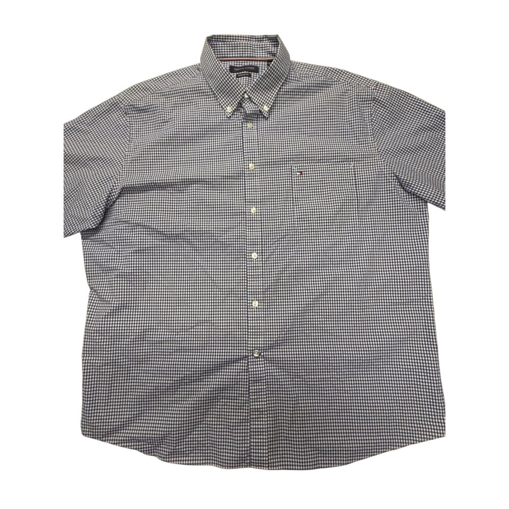 Tommy Hilfiger Short Sleeve Navy & White Checked Button-Down Shirt Size 2XL